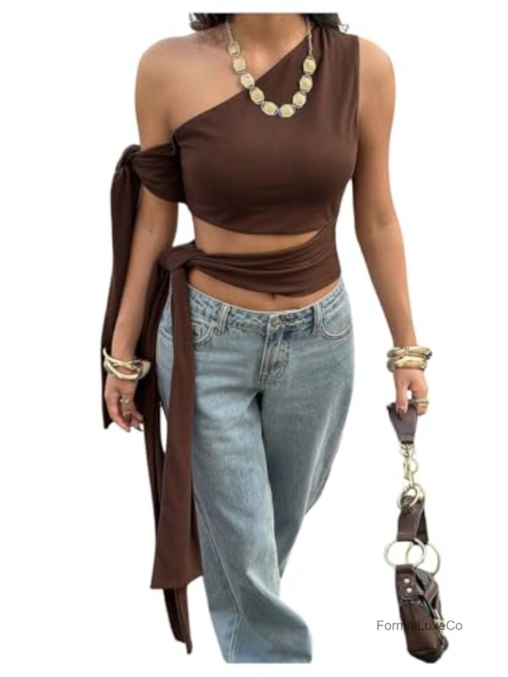 One Shoulder Cut Out Wrap Crop Top Sleeveless Tie Strap Party Clubwear